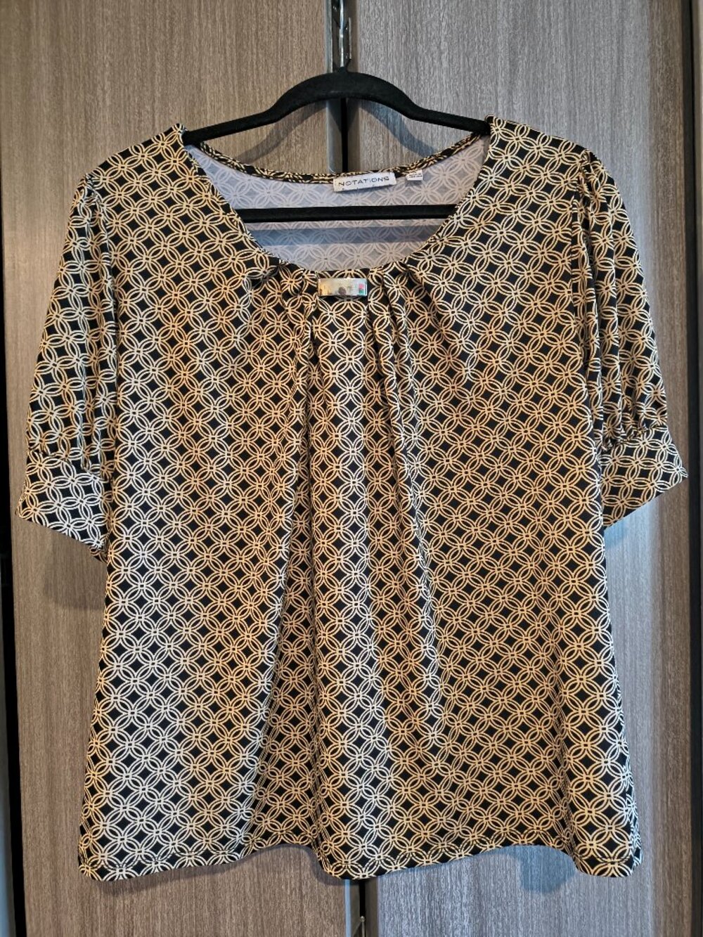Notations Black Beige Short Puff Sleeve Scoop Neck Blouse Office Casual Medium - Picture 2 of 8